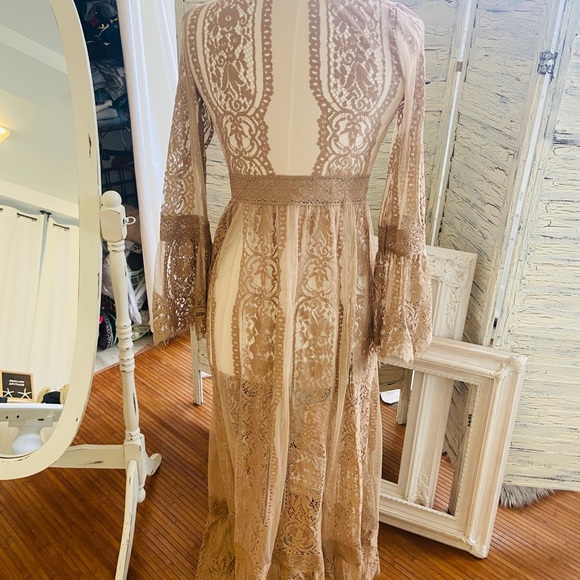 - Boho Lace Flare Sleeve Duster - Taupe - Picture 6 of 13